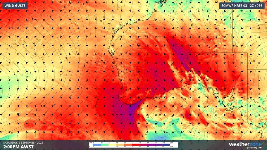 Image: Forecast wind gusts on Saturday afternoon. Source: Weatherzone.