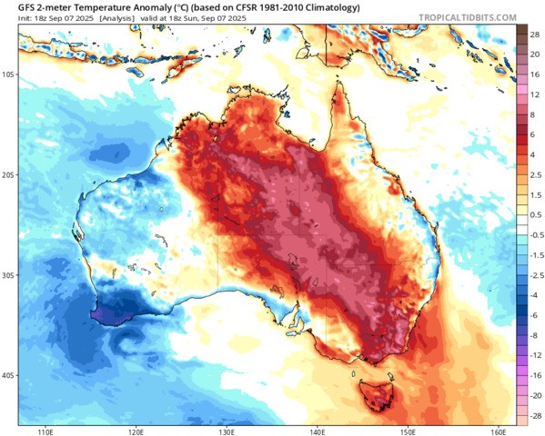 Image: Temperatures anomalies across Australia at 4am AEST on Monday, September 9, 2025. Source: Tropical Tidbits