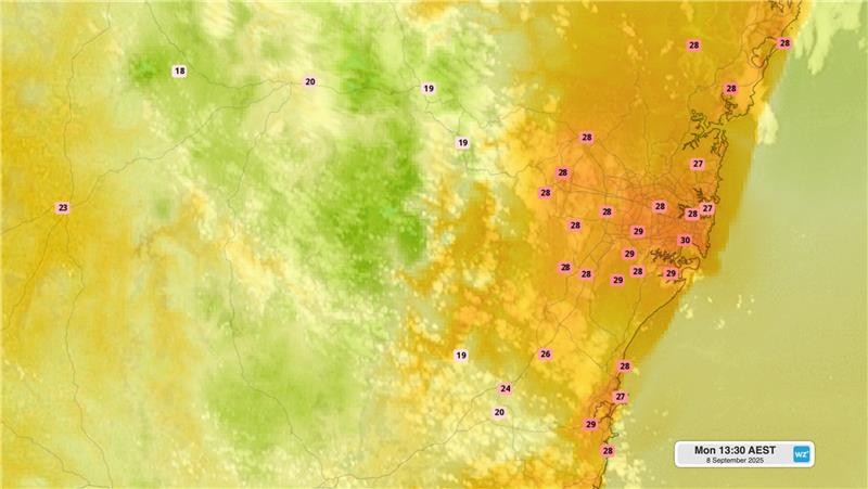Image: Live temperatures across the Sydney basin and nearby areas at 1:30pm (AEST) on Monday, September 8, 2025. Source: Weatherzone