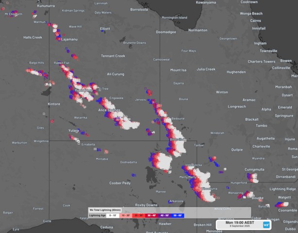 Image: A widespread storm breakout lit up Australia's interior at 7pm (AEST) on the evening of Monday, September 8, 2025. Source: Weatherzone