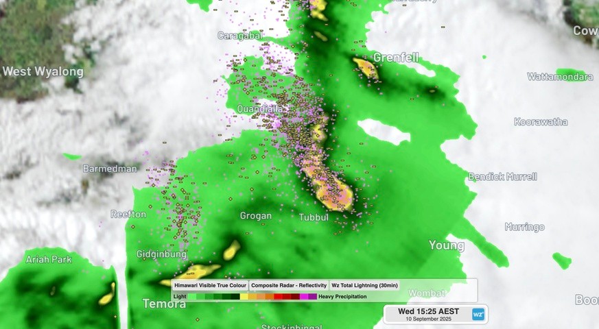 Image: Radar and lightning data during a thunderstorm that produced a tornado near Young, NSW on Wednesday afternoon. Source: Weatherzone.