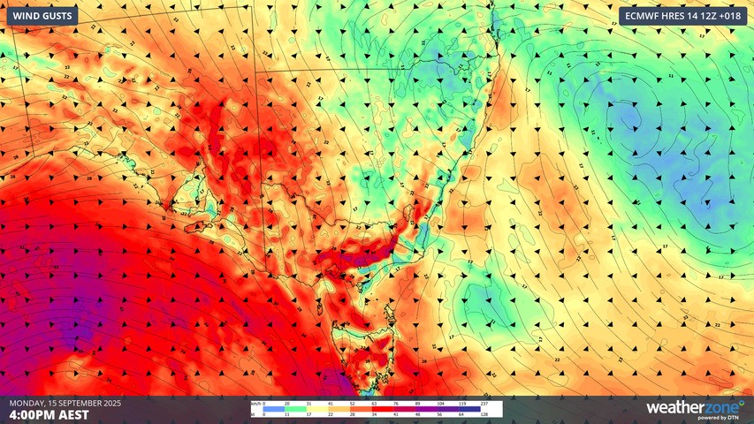 Image: Wind gusts could approach damaging levels across a large area of SE Australia on Monday afternoon. Source: Weatherzone