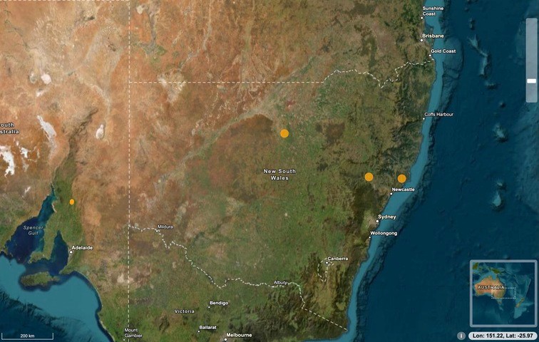 Image: Three earthquakes occurred in NSW on Monday night and Tuesday morning. Source: Geoscience Australia.