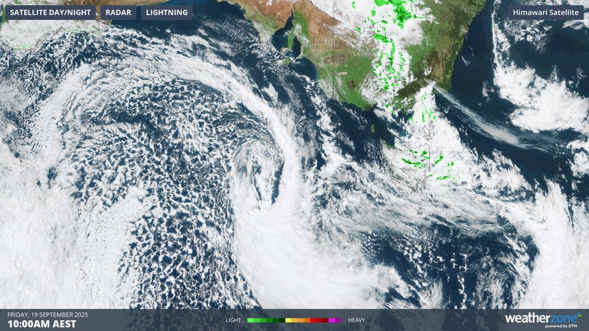 Image: The low pressure system in the Bight with a speckled cloudmass indicating frigid polar air at 10am (AEST) on Friday, September 19, 2025. Source: Weatherzone