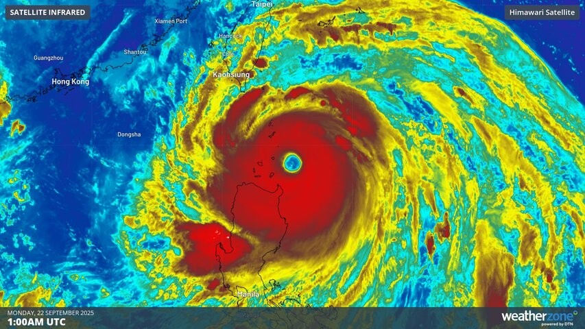 Image: Enhanced infrared satellite image showing Super Typhoon Ragasa near the Philippines on Monday. Source: Weatherzone.