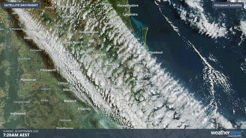 Image: A celebratory banner in the form of a jetstream cloud graced the skies of Brisbane on Sunday morning.. Source: Weatherzone