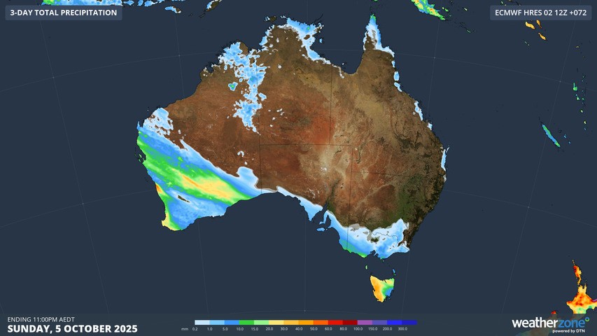 Image: Any rain that falls in southern SA, Vic or Tas wont be until later on Sunday. Source: Weatherzone