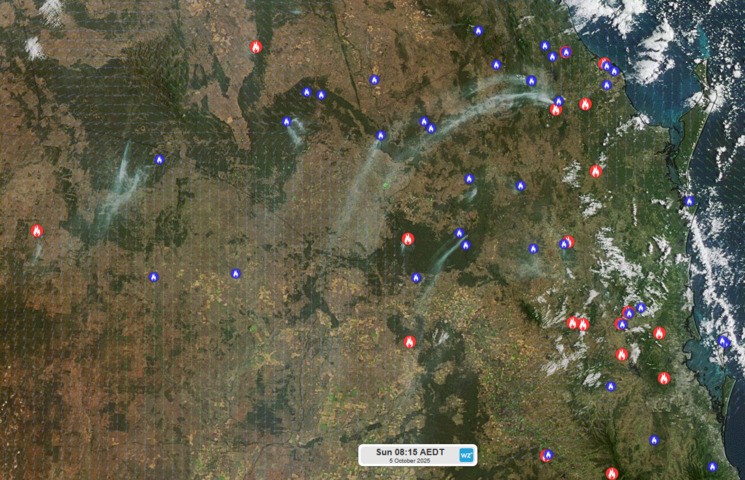Image: Satellite image of smoke over Queensland at 8:15AEDT Sunday, October 5th. Source: Weatherzone