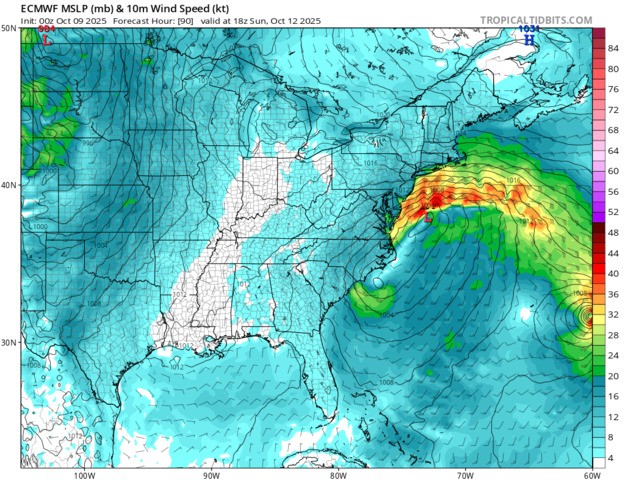 Image: A low pressure system directly east of the Mid-Atlantic Sunday afternoon with strong northeasterly winds on the northern side of the system. Source: TropicalTidbits.com