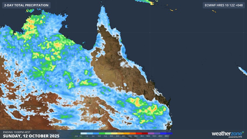 Image: Thunderstorms over the northeast, central, and southeast parts of the Queensland this weekend. Source: BoM and ECMWF.