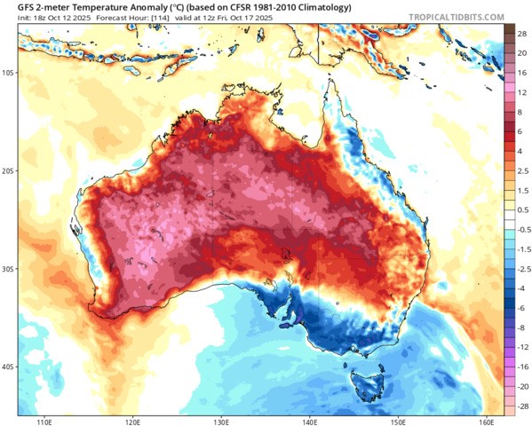 Image: Predicted Australian temperature anomalies late on Friday (AEDT) according to the GFS model. Source: Tropical Tidbits