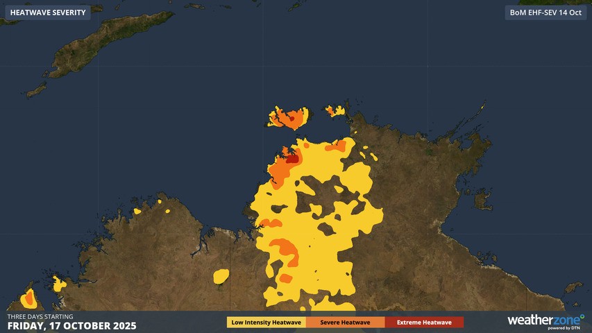 Image: Heatwave map for the Top End for the three days from Friday, October 17, 2025. Source: Weatherzone