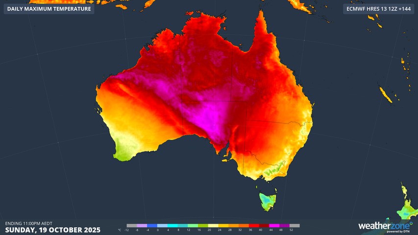Image: Forecast maximum temperature on Sunday, October 19, 2025. Source: Weatherzone.