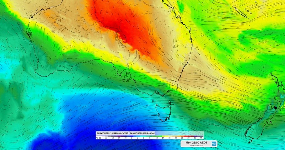 Image: Modelled 850 hPa temperature and wind, showing warm air blowing over NSW early next week. Source: Weatherzone.