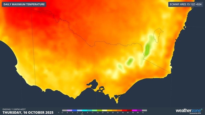 Image: Temperatures reached 30°C across much of Victoria on Thursday, October 16, 2025 . Source: Weatherzone