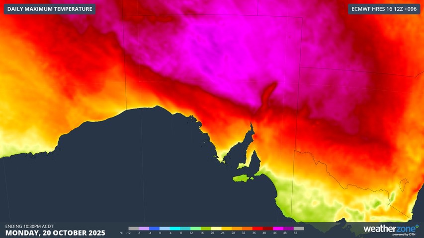 Image: Maximums will reach 44°C or higher (the pink areas) in large parts of outback Australia in coming days. Source: Weatherzone
