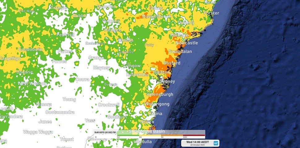 Image: Forecast fire behaviour index (FBI) ratings on Wednesday afternoon. Source: Weatherzone.