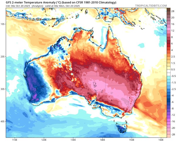 Image: Modelled temperature anomaly across Australia on Monday afternoon this week. Source: Tropicaltidbits.com