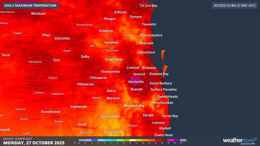 Image: Modelled maximum temperature over southeast Qld on Monday, October 27, 2025.. Source: Weatherzone.
