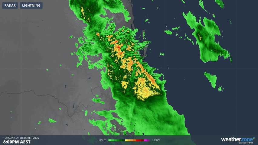 Image: Weather radar over Brisbane and nearby areas at 8pm on Tuesday, October 28, 2025. Source: Weatherzone