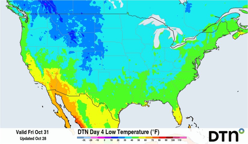 Image: Morning temperatures on Friday, October 31 are forecast to be in the 30s across the South and Southeast. Source: DTN.