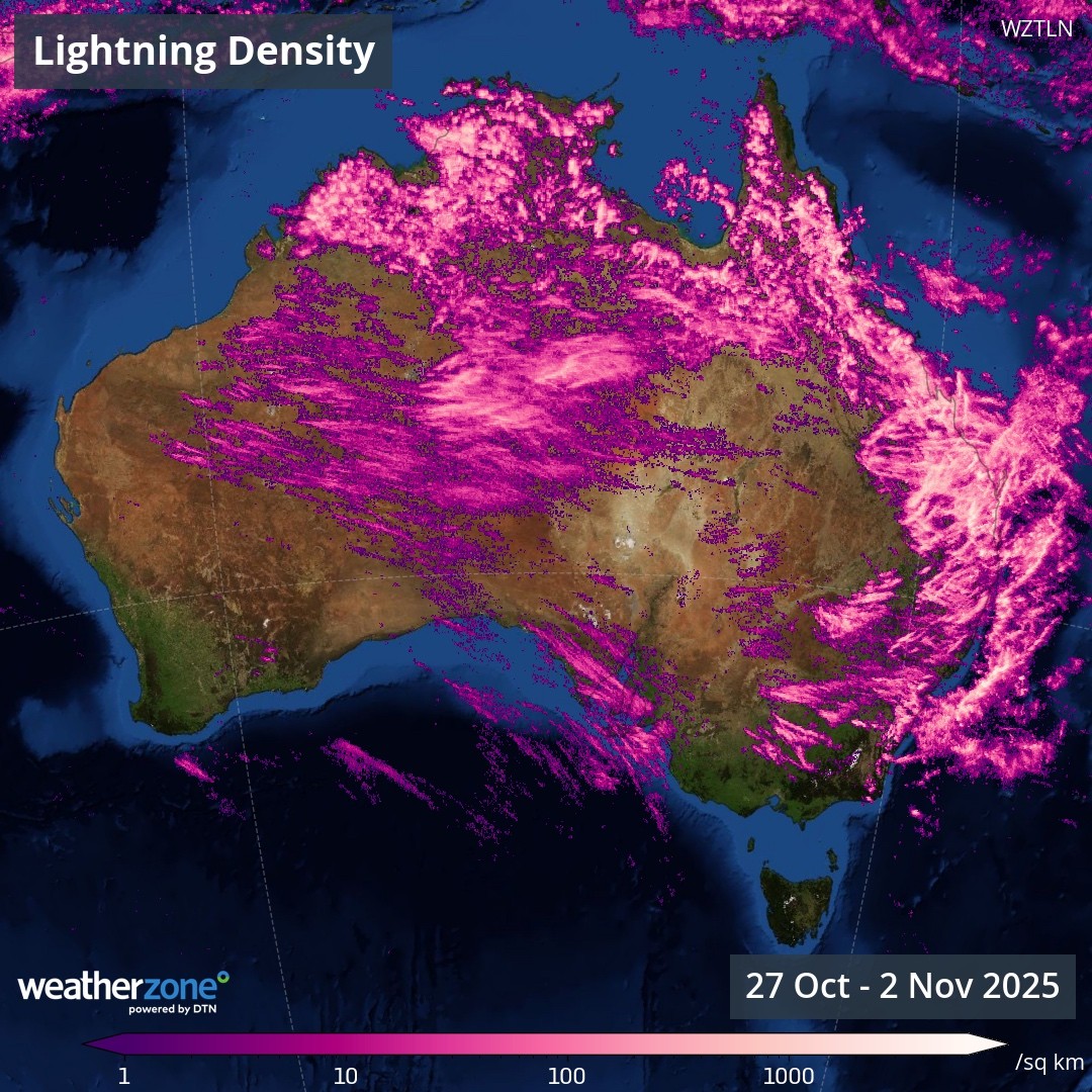 Image: Lightning detected over Australia during the week ending November 2, 2025. Source: Weatherzone.