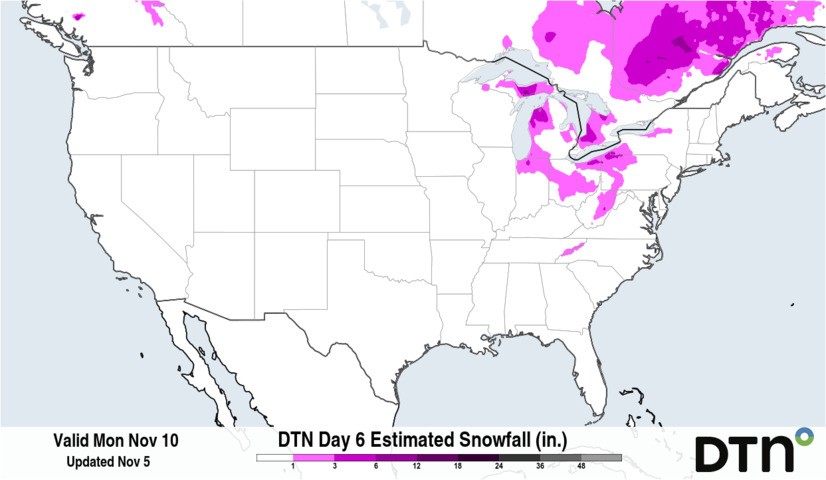 Image: Lake-effect snow is expected to impact the Great Lakes region from this weekend into early next week. Source: DTN.