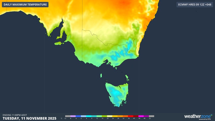 Image: Predicted maximums for Tuesday, November 11, 2025, according to the ECMWF model. Source: Weatherzone