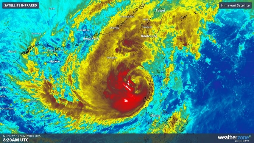 Image: Enhanced infrared satellite image showing Typhoon Fung-Wong over the South China Sea on Monday. Source: Weatherzone.
