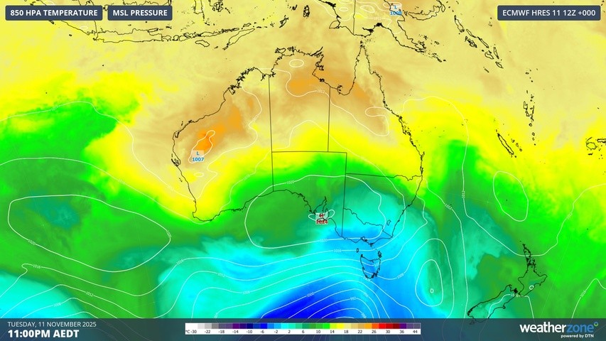 Image: Cold air over southeastern Australian on Tuesday night. Source: Weatherzone.