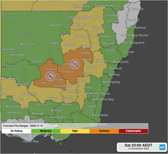 Image: NSW Fire Danger ratings on Saturday, 15th November including Total Fire Bans for the (left to right) Northern Riverina and Lower Central West Plains districts. Source: Bureau of Meteorology