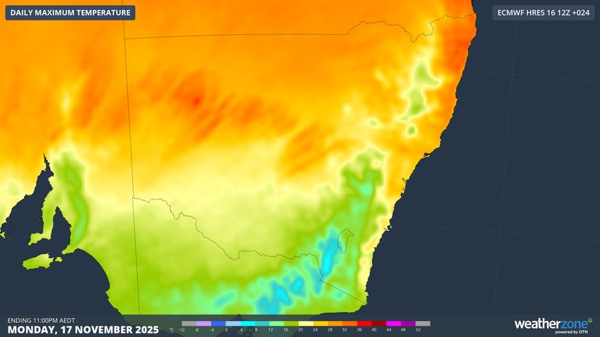 Image: Maximums just above freezing can be expected in the Snowies while the east coast experiences warm, windy conditions. Source: Weatherzone