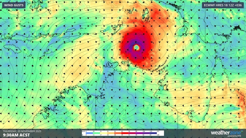 Image: Forecast wind gusts around Tropical Cyclone Fina on Thursday morning. Source: Weatherzone.
