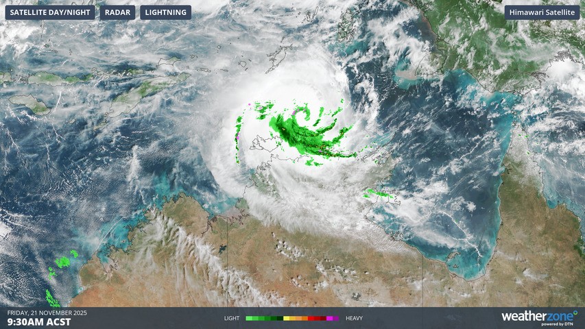 Image: Cloud and rainfall associated with Tropical Cyclone Fina at 9:30am (ACST) on Friday. Source: Weatherzone