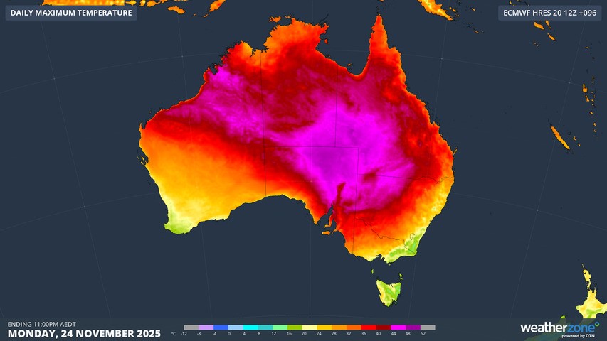 Image: Forecast maximum temperature on Monday, November 24, 2025. Source: Weatherzone.