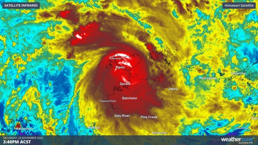 Image: Enhanced infrared satellite image of Severe Tropical Cyclone Fina on Saturday afternoon. Source: Weatherzone.