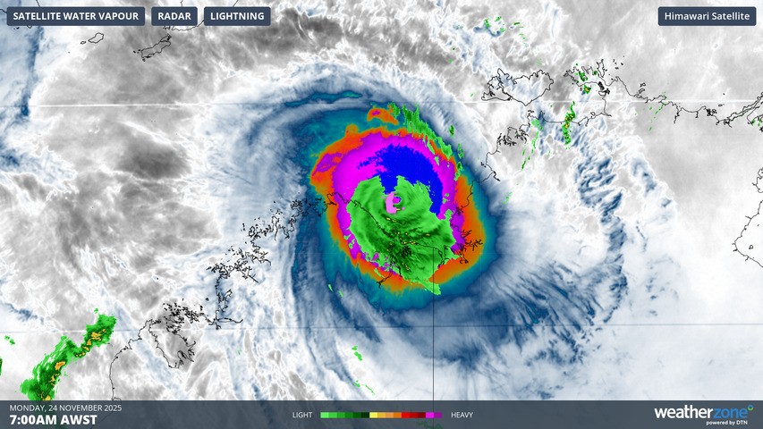 Image: Severe TC Fina was approx. 95 km/h from the nearest part of the WA coastline early on Monday morning. Source: Weatherzone