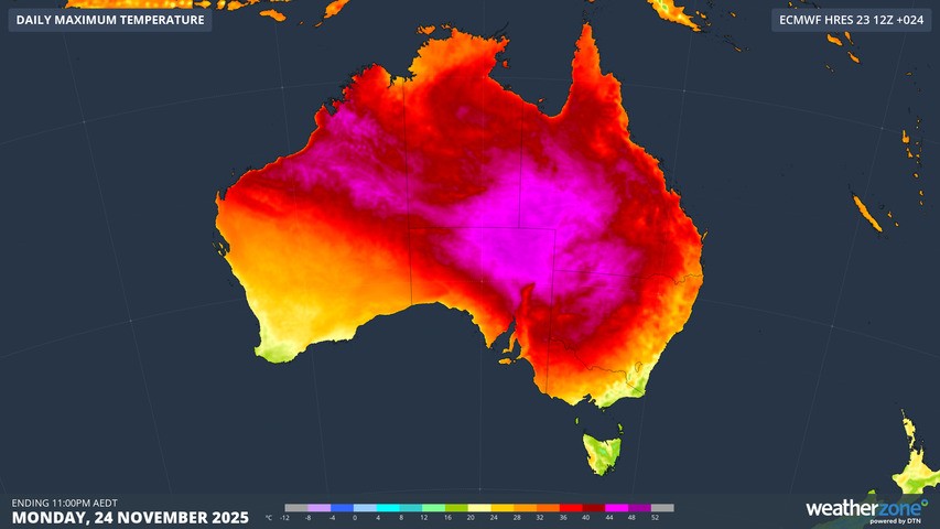 Image: Projected maximums for Monday, November 24, 2025, according to the ECMWF model. Source: Weatherzone
