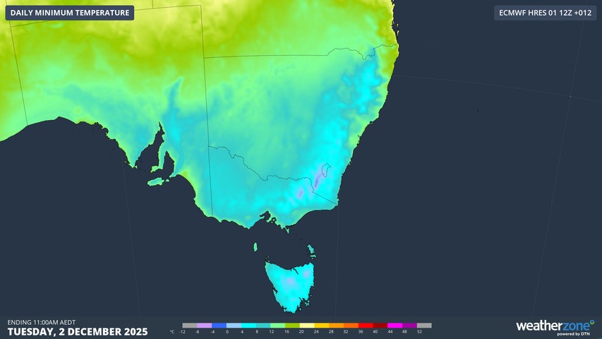 Image: Minimum temperatures across SE Australia on Tuesday, December 2, 2025.. Source: Weatherzone