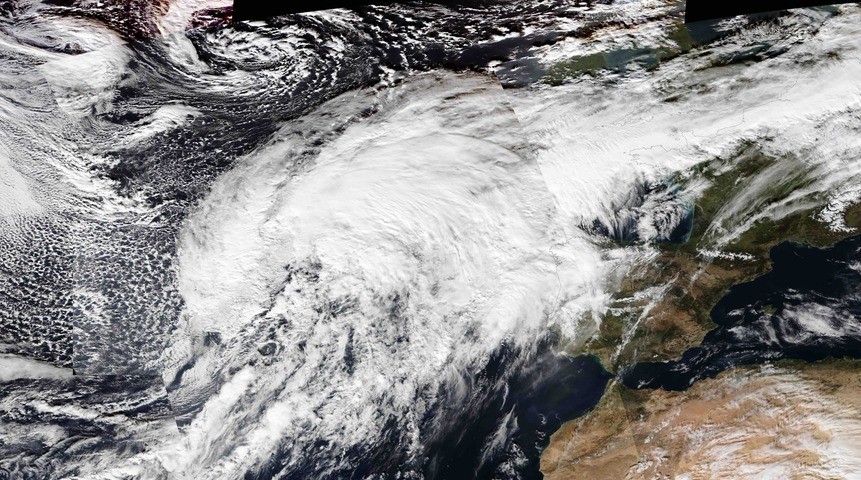 Image: Visible satellite image showing developing Storm Bram to the east of the Iberian Peninsula on December 8, 2025. Source: NASA Worldview.