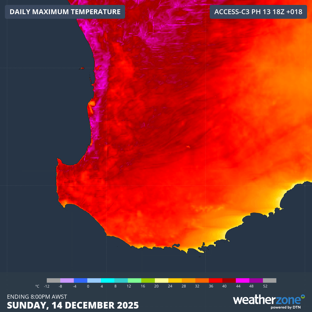 Image: Forecast maximum temperatures for southwest WA for Sunday 14th December (Acc-C model). Source: Weatherzone