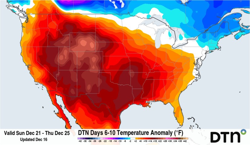 Image: Above-normal temperatures will be rather consistent through next week. The days leading up to Christmas are forecast to be especially warm. Source: DTN.