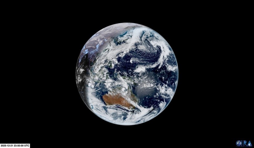 Image: Satellite image showing daylight across Australia on the Southern Hemisphere's 2026 summer solstice. Source: RAMMB / CIRA.