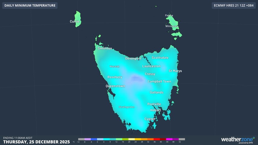 Image: Tasmanian minimums on Christmas morning will feel more like a Northern Hemisphere Christmas. Source: Weatherzone