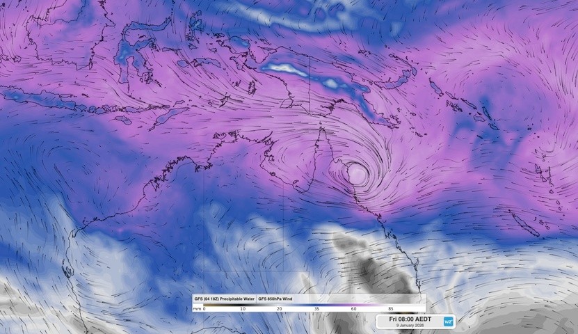 Image: Modelled precipitable water and 850 hPa wind on Friday, January 9, 2026. Source: Weatherzone.