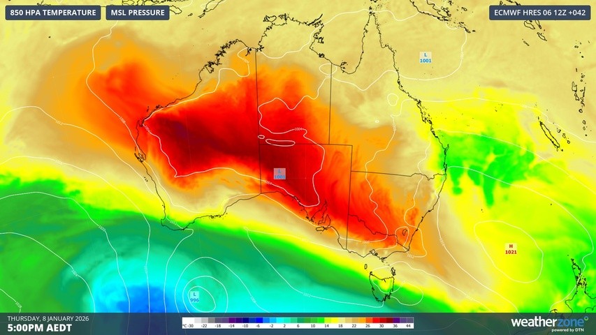 Image: Forecast 850 hPa temperature and mean sea level pressure on Thursday, January 8, 2026. Source: Weatherzone.