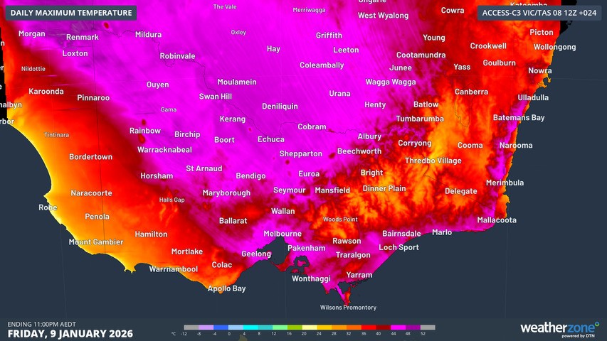 Image: Forecast maximum temperatures over Vic and southern NSW on Friday. Source: Weatherzone.