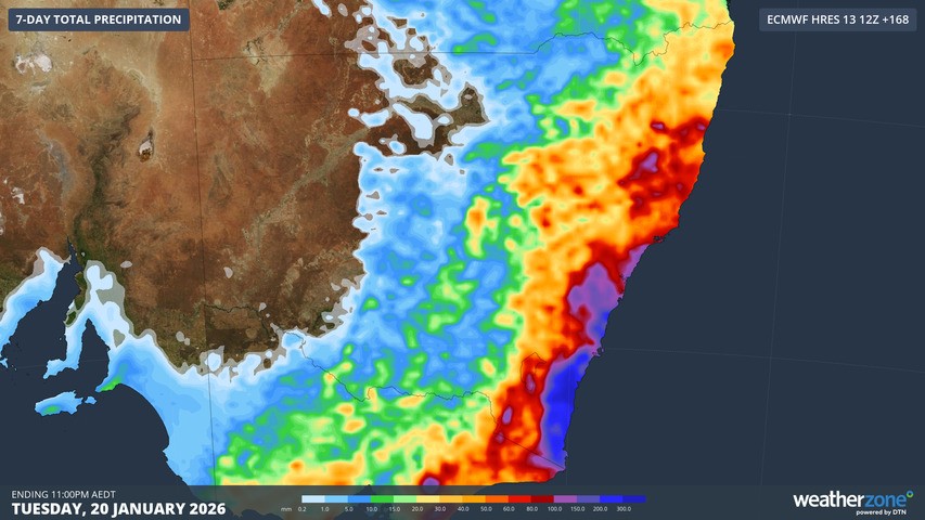 Image: Predicted rainfall accumulations for NSW and adjacent areas up until Tuesday, January 202, 26. Source: Weatherzone