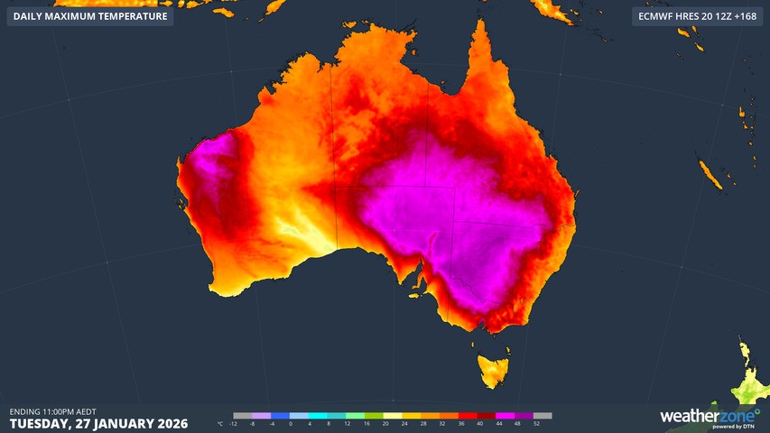 Image: ECMWF model forecast maximums for next Tuesday, January 27, showing how the hottest airmass over SE Aus will be inland.. Source: Weatherzone