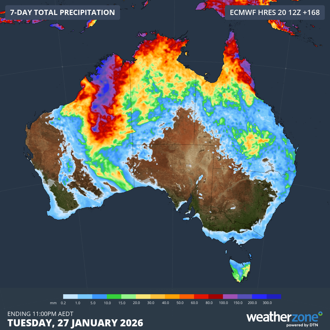 Image: Forecast accumulated rain during the next 7 days. Source: Weatherzone.